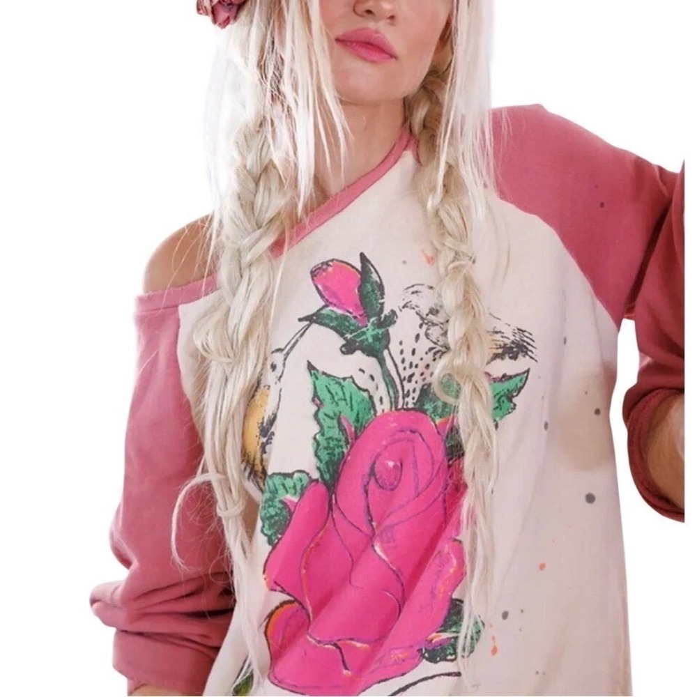 Magnolia Pearl RARE Pink Sweatshirt Rose Hummingbird Distressed NWT Abbey Rosa